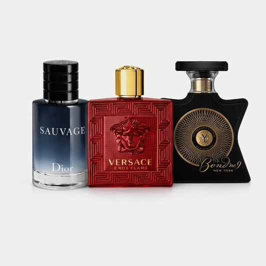 Sauvage EDT 3.4 oz + Versace Eros Flame EDP 3.4 oz + Bond No.9 Wall Street EDP 1.7 oz – Elite Men’s Fragrance Trio